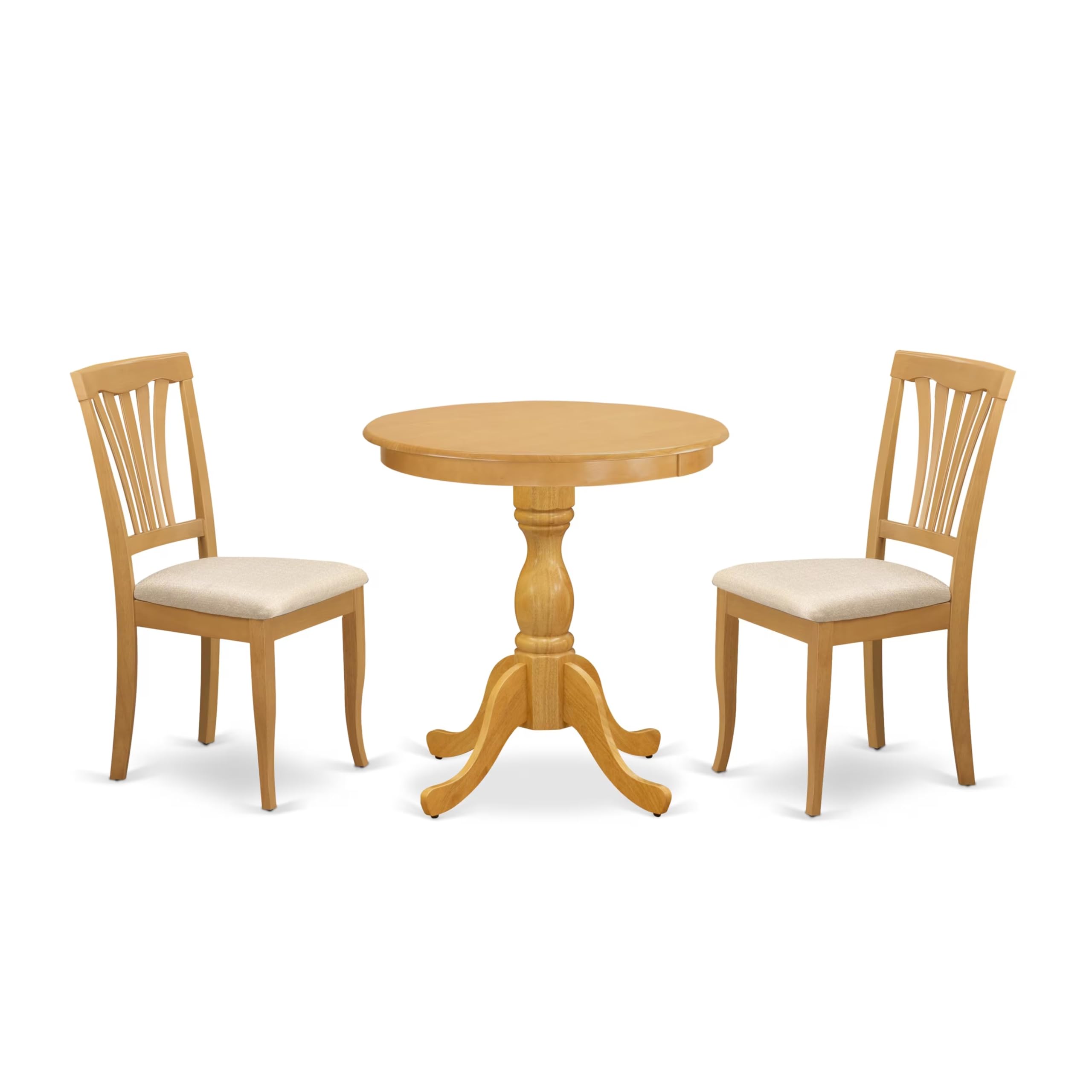 East West Furniture Esav3-Oak-C 3 Piece Dining Room Furniture Set Contains A Round Dining Table With Pedestal And 2 Linen Fabric Upholstered Chairs, 30X30 Inch, Oak
